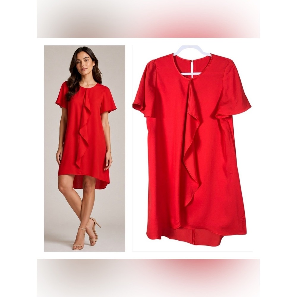 BCBGMaxAzria Red Ruffle-Front Short Sleeve Wedding Dress